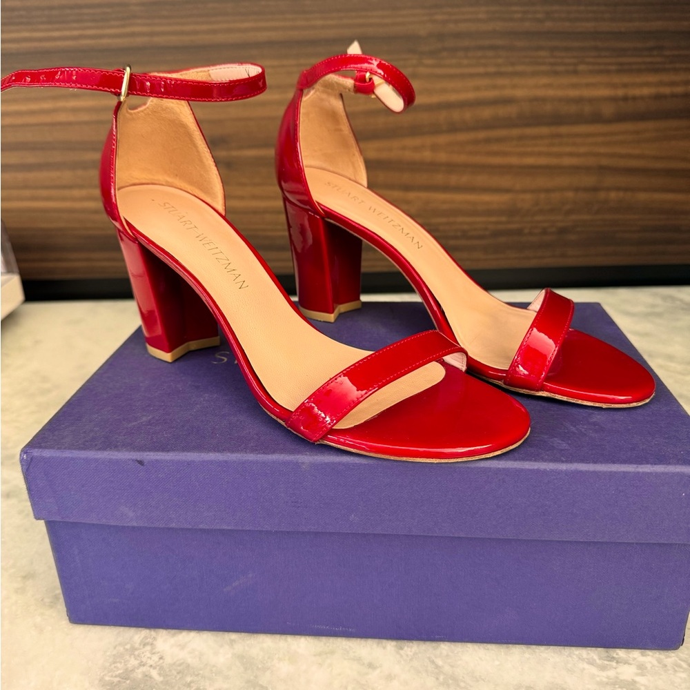 Stuart Weitzman Women's Block Heel, Red Patent Leather, Size 7.5